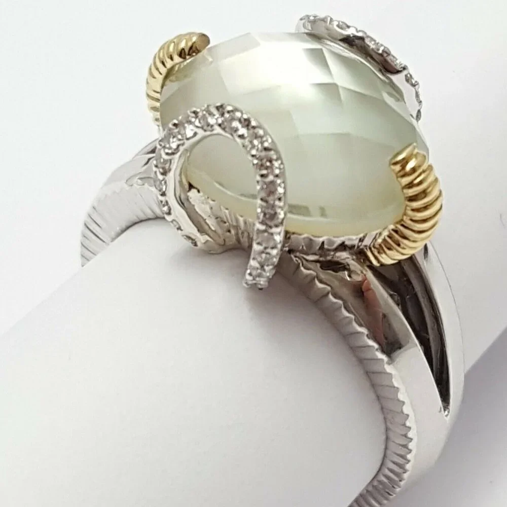 RB Signed Sterling Silver 925 18K Yellow Gold Two Tone Ring w/Diamonds & Crystal